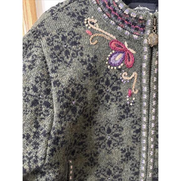 Icelandic Wool Floral Embroidery Zip Front Sweater Cardigan Green Sz M Pockets - Picture 5 of 15